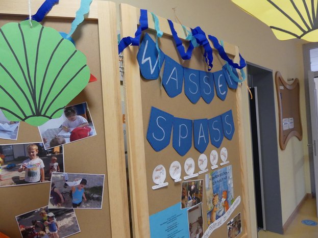 14P1000950_1200x900.jpg Ausstellung der Gruppenergebnisse an Wand der KiTa